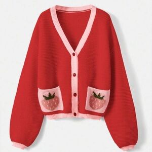 Women’s Pink and Red Strawberry Pattern Shoulder Drop Cardigan